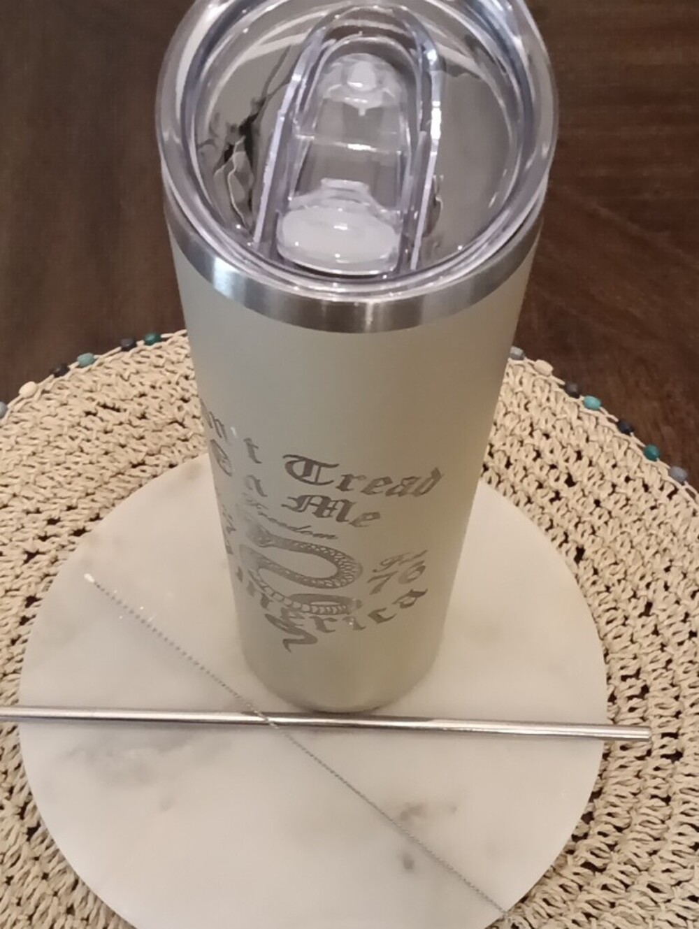 Engraved Matte Khaki 'Don't Tread On Me' Stainless Skinny Tumbler - Picture 4 of 5